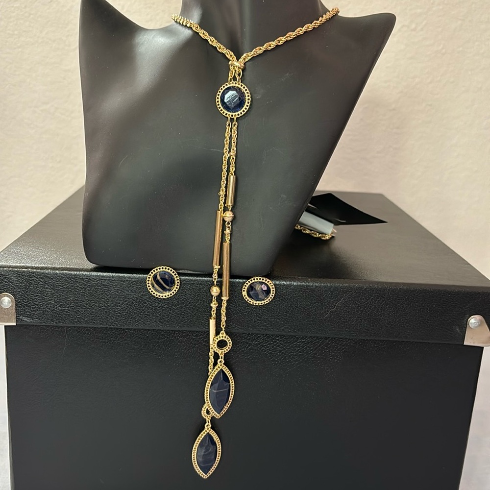 Draper’s & Damon’s Navy Stone with Brown Veining Long Necklace & Post Earrings